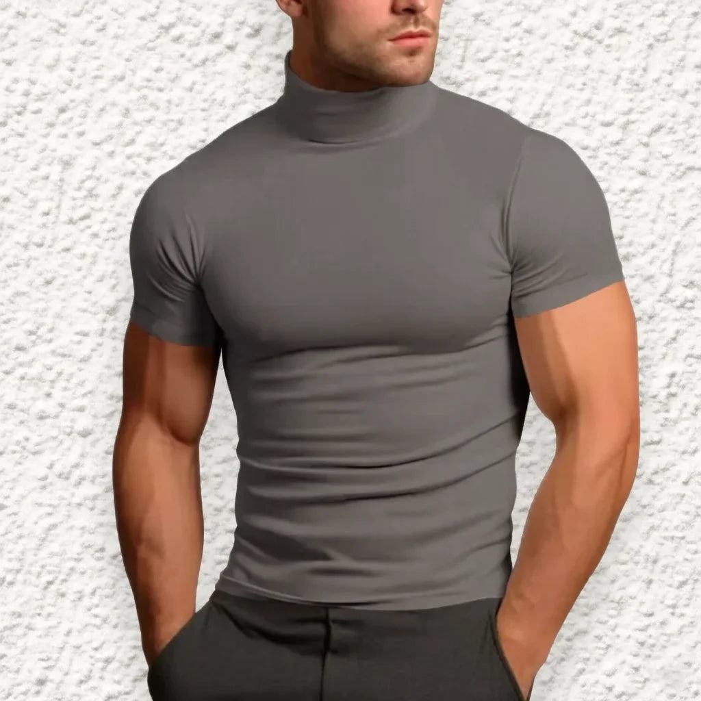 Solid Mock Neck Short Sleeve Fitted Compression T Shirt