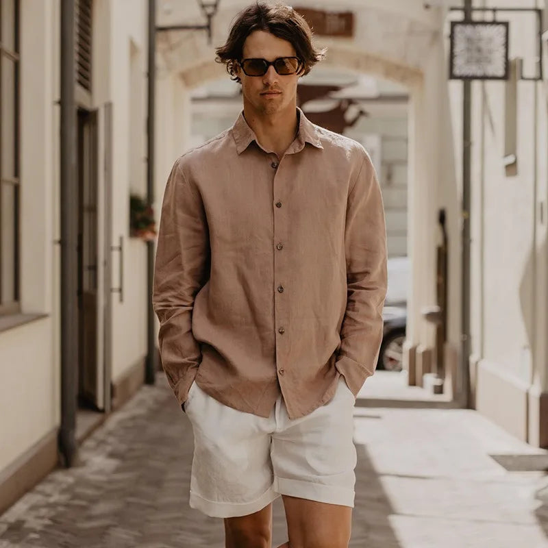 Men's Linen Long-Sleeve Button-Up Shirt with Classic Collar for Casual Daily Wear