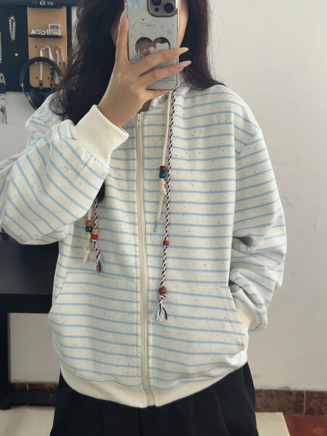 Striped Long Sleeve Full Zip Casual Hoodie for Layering