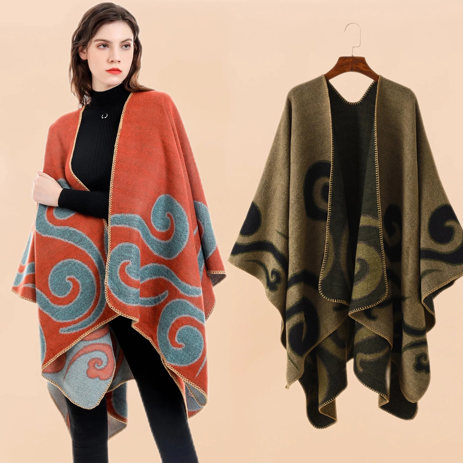 Swirl Pattern Pointed Hem Poncho for Layering over Outfits