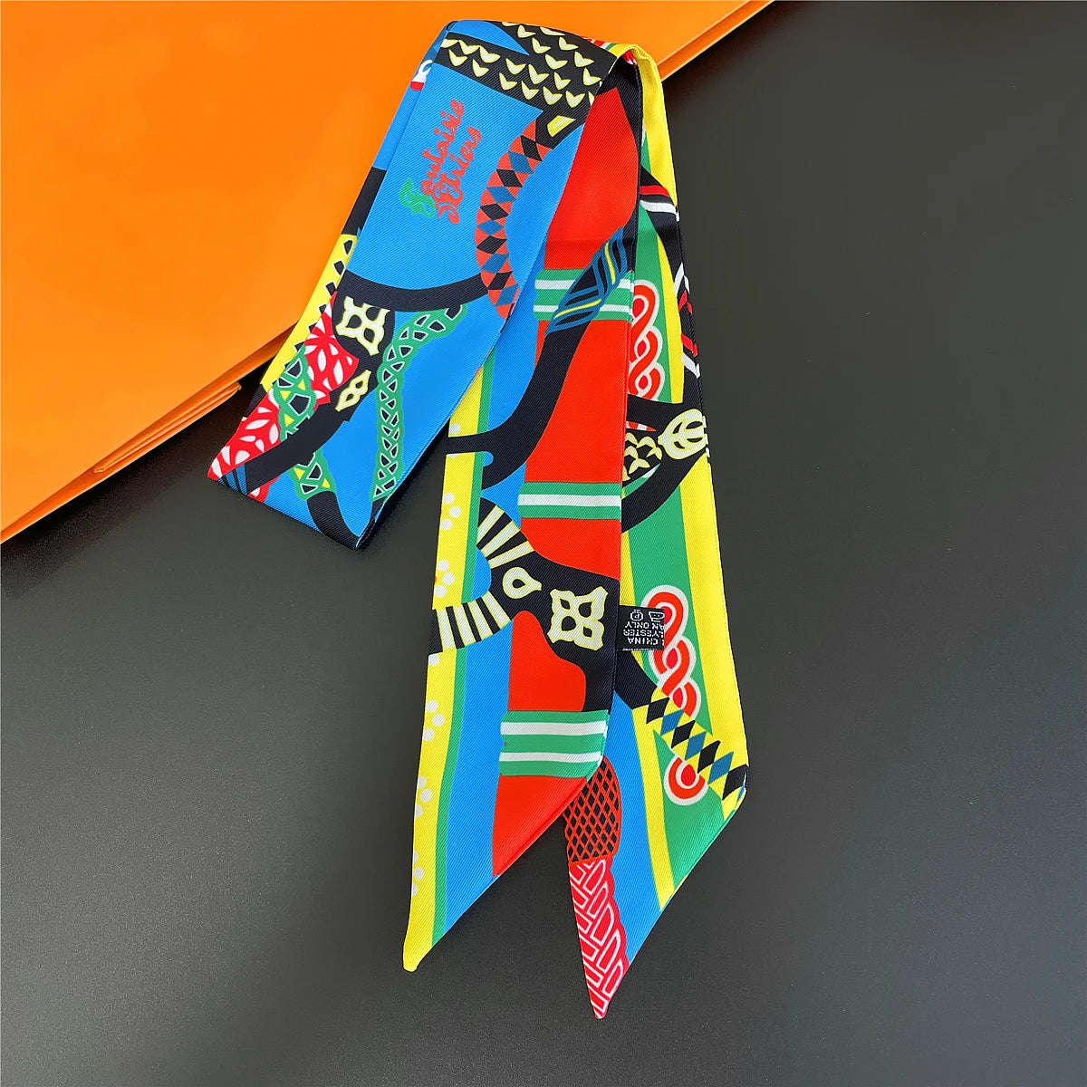 Colorful Printed Skinny Ribbon Scarf with Tie Ends
