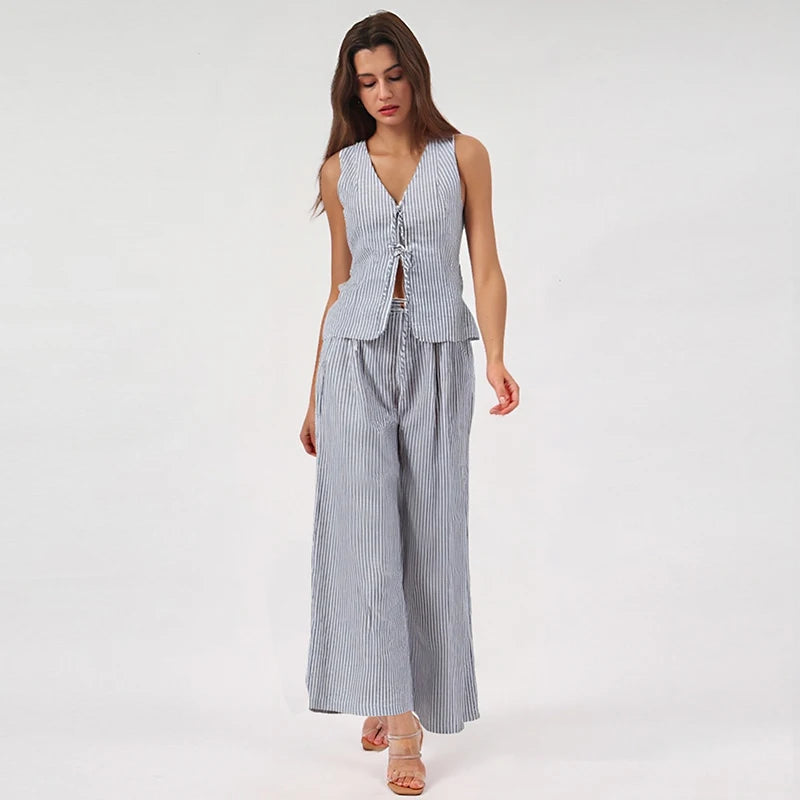 Women's Cotton-Linen Two-Piece Set with Sleeveless V-Neck Tie-Detail Top and Full-Length Pants