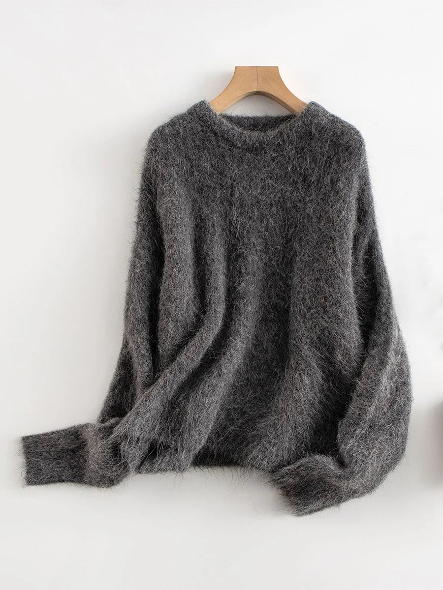 Women's Fluffy Crew Neck Long Sleeve Sweater Casual Knit Layer