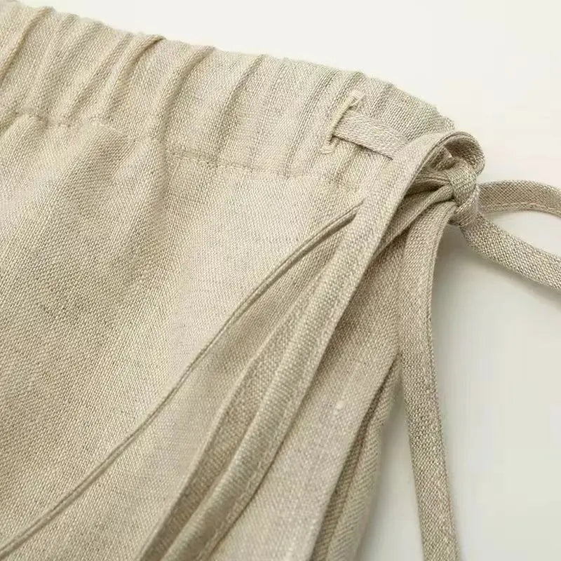Women's Linen-Viscose Loose Straight-Leg Full-Length Pants with Drawstring Waist and Side Pockets