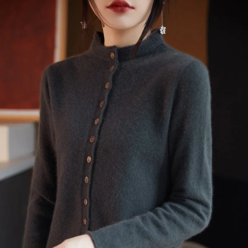 Women's Wool Solid Long-Sleeve Button-Front Knit Cardigan for Autumn Winter Layered Outfits