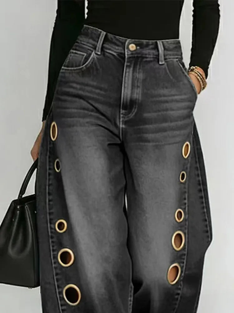 Women's Side Grommet Wide Leg Denim Jeans For Everyday Outfits