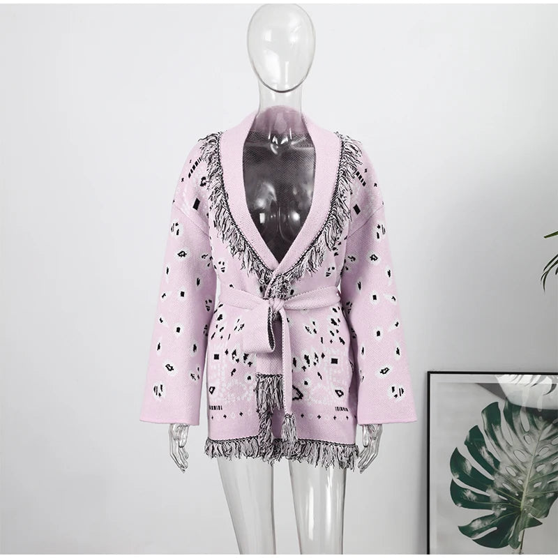 Women's Paisley Belted Button Front Cardigan Casual Knit Layer