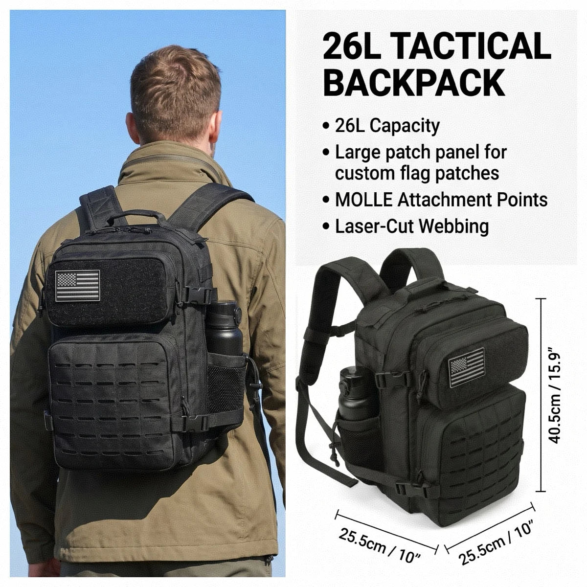 Tactical Travel Backpack with Front Webbing Panels and Side Bottle Pockets