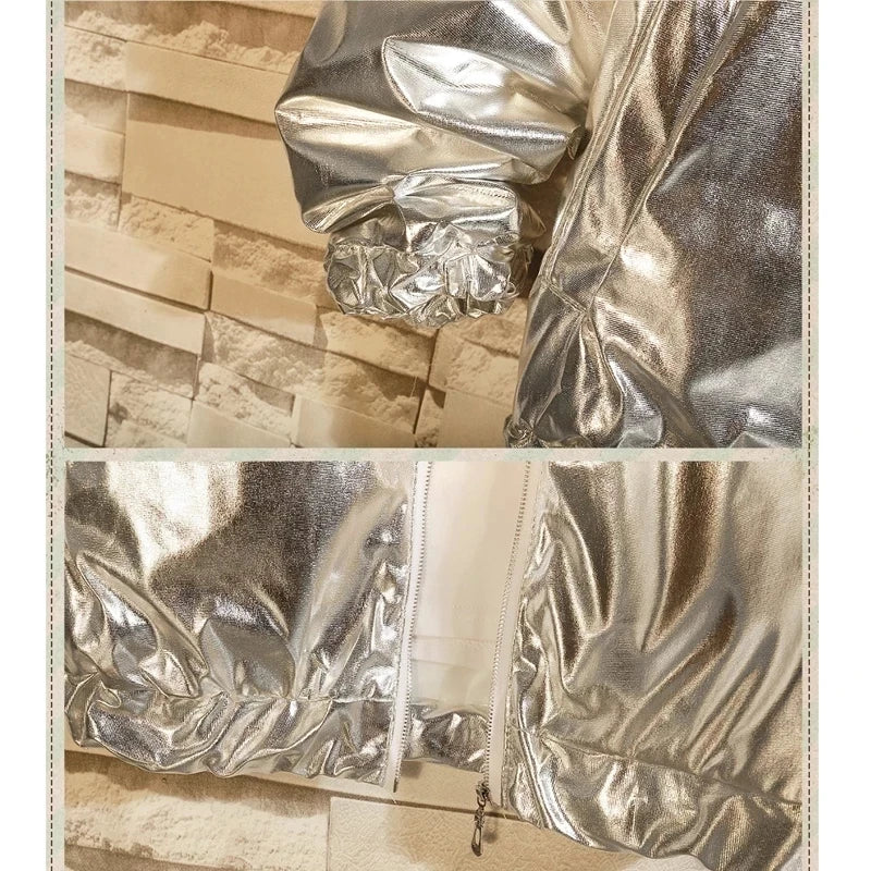 Metallic Finish Long Sleeve Front Zip Casual Bomber Jacket