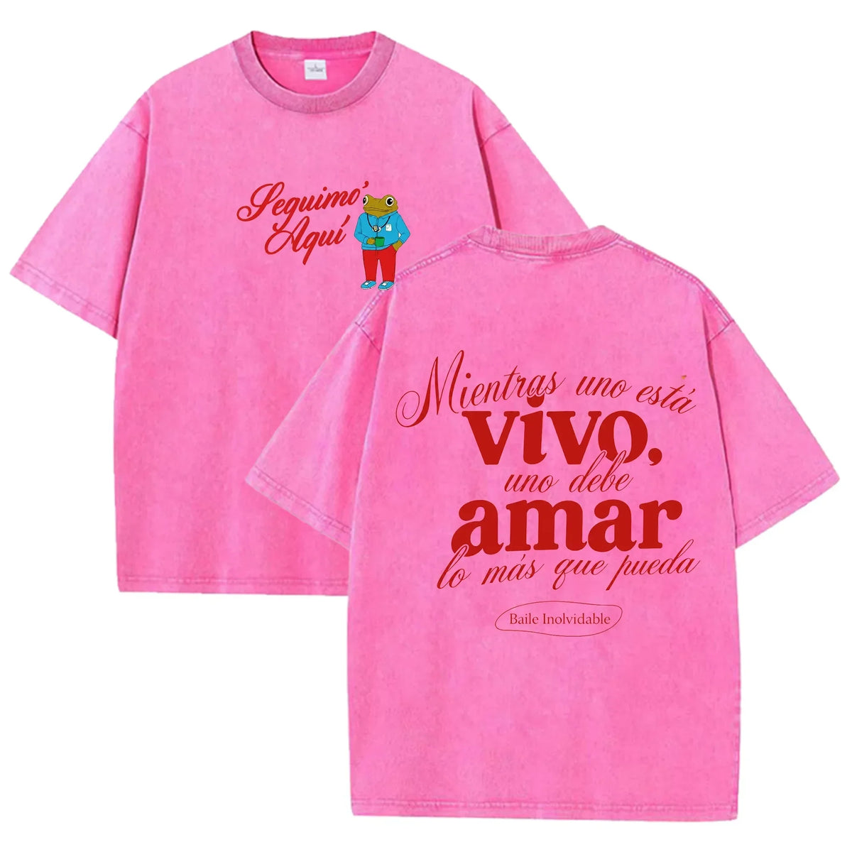 Vintage Washed Black Seguimo Aqui Frog Spanish Slogan Front Back Print Casual T Shirt