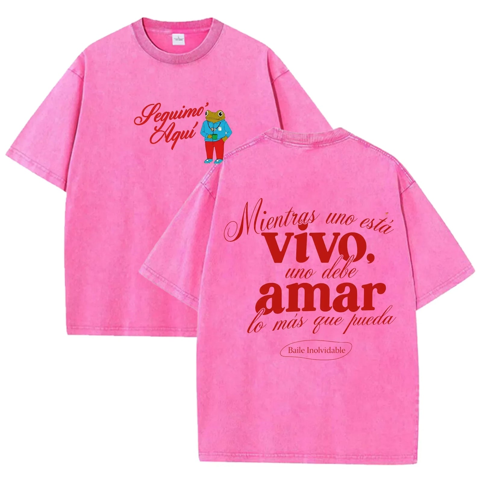 Vintage Washed Black Seguimo Aqui Frog Spanish Slogan Front Back Print Casual T Shirt