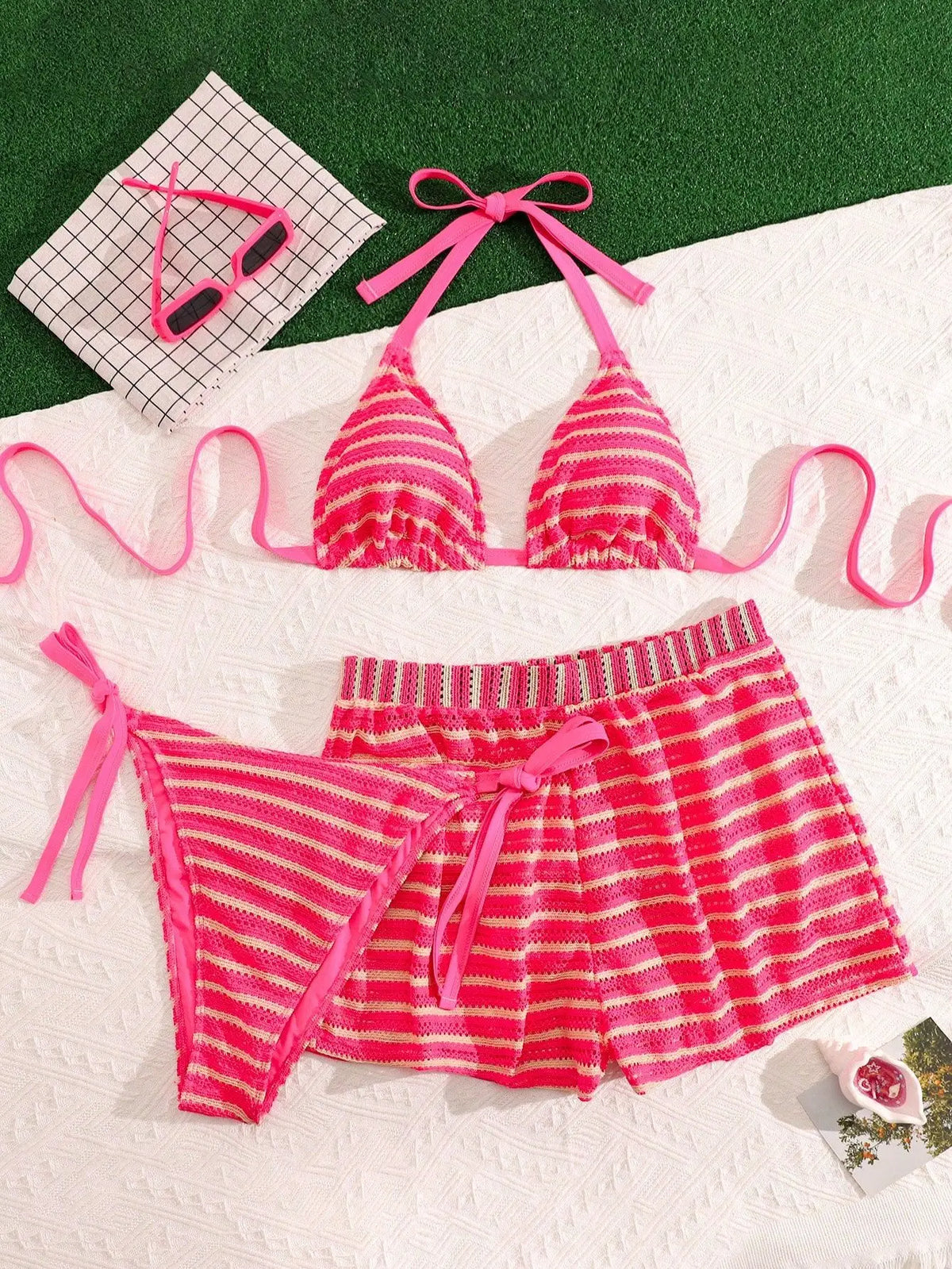 Women's Striped Triangle Bikini with Matching Swim Shorts
