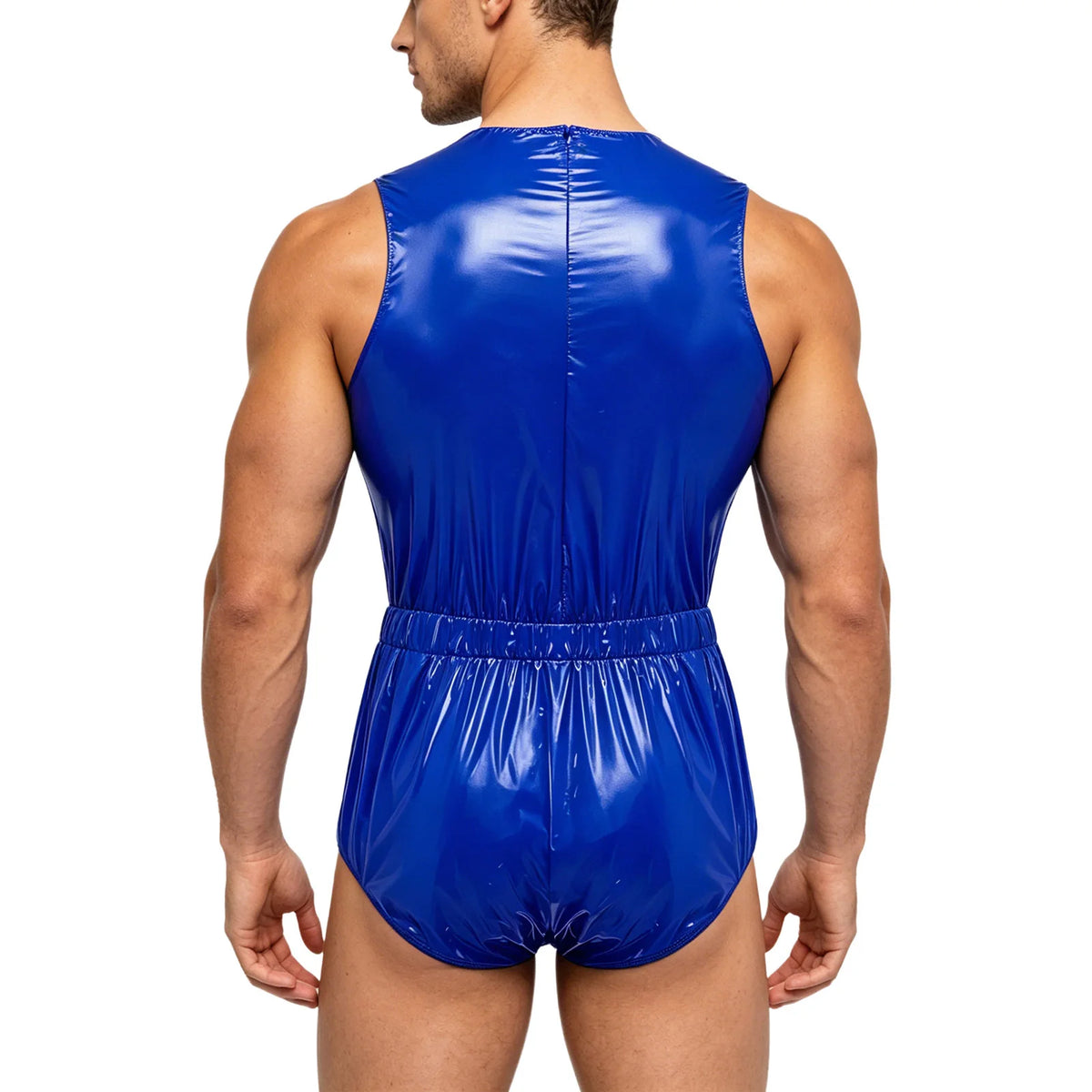 Men's One-Piece Swimsuit with Back Zipper and Crotch Button Details