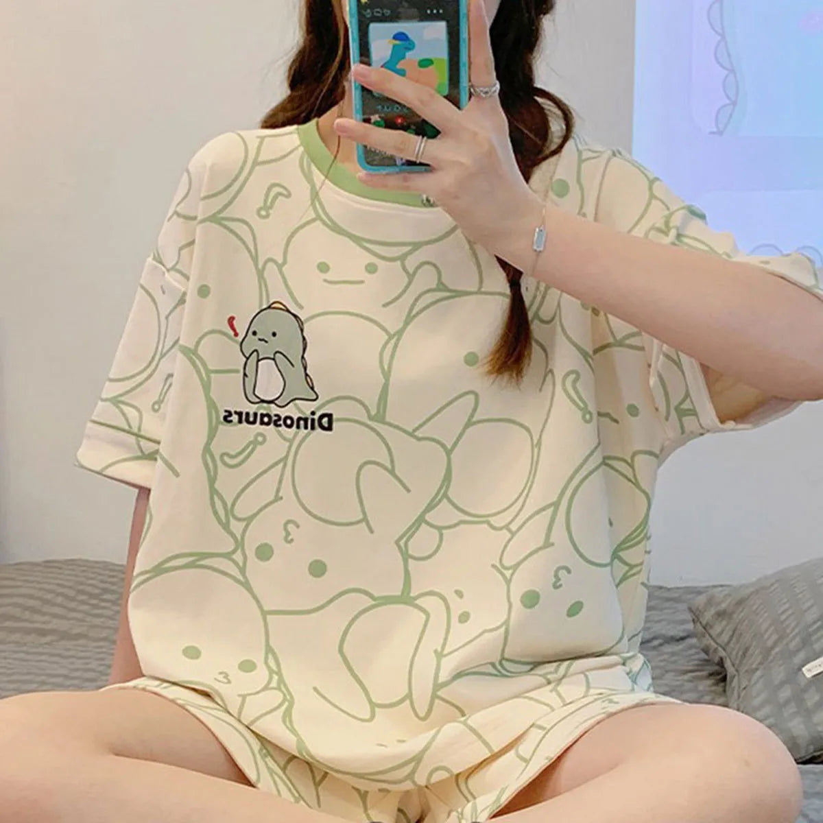 Women's Cartoon Print Short Sleeve Pajama Set with Top and Shorts