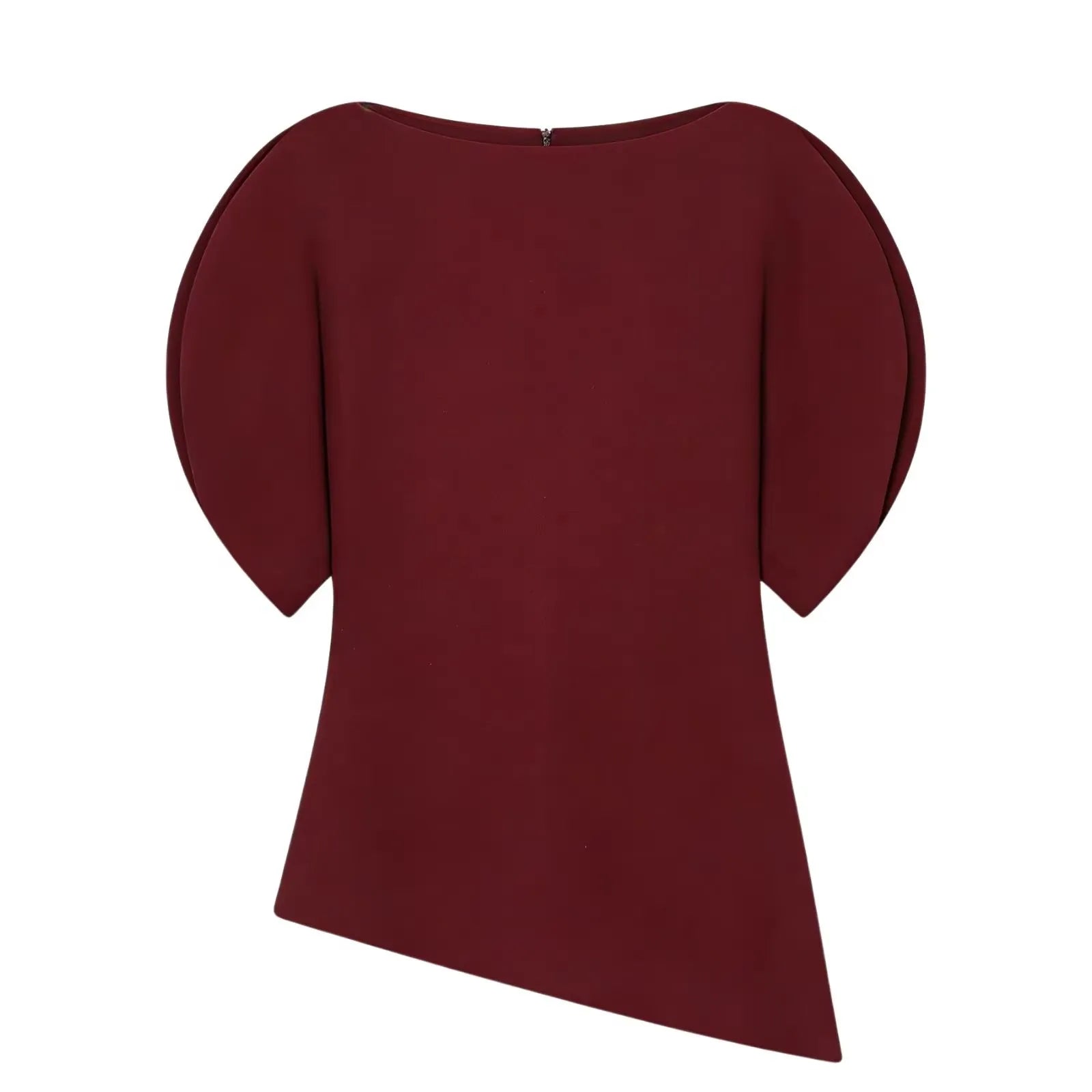 Women's Round Neck Blouse with Short Puff Sleeves and an Asymmetric Hem