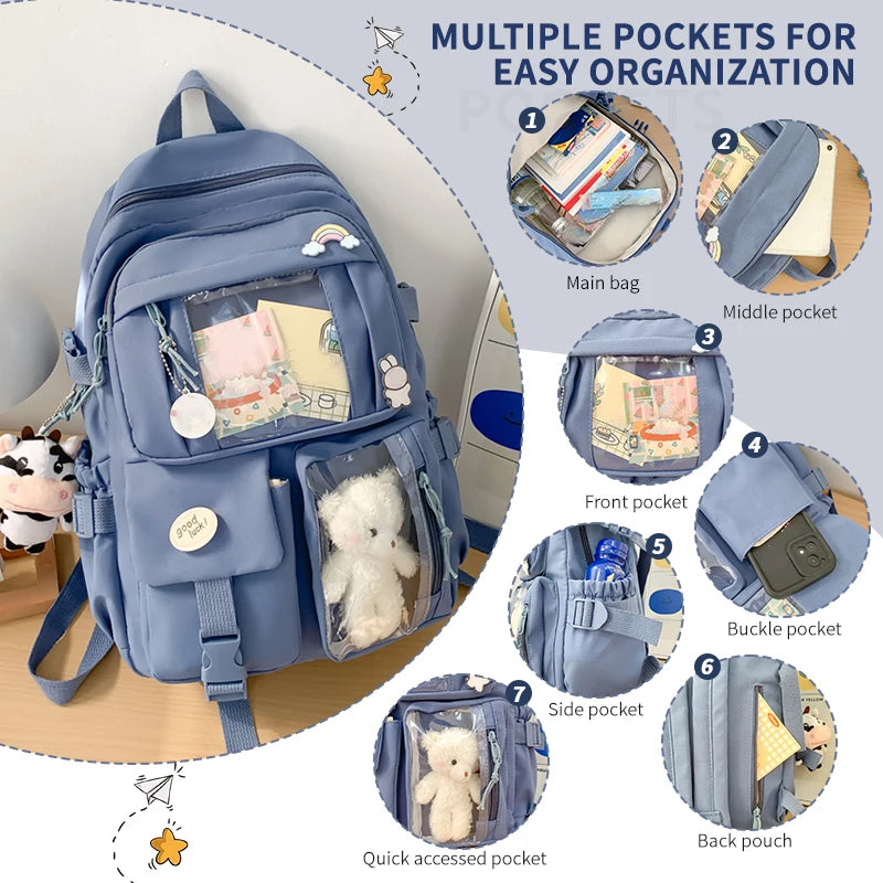 Student Backpack with Transparent Display Pockets and Multiple Front Storage Sections