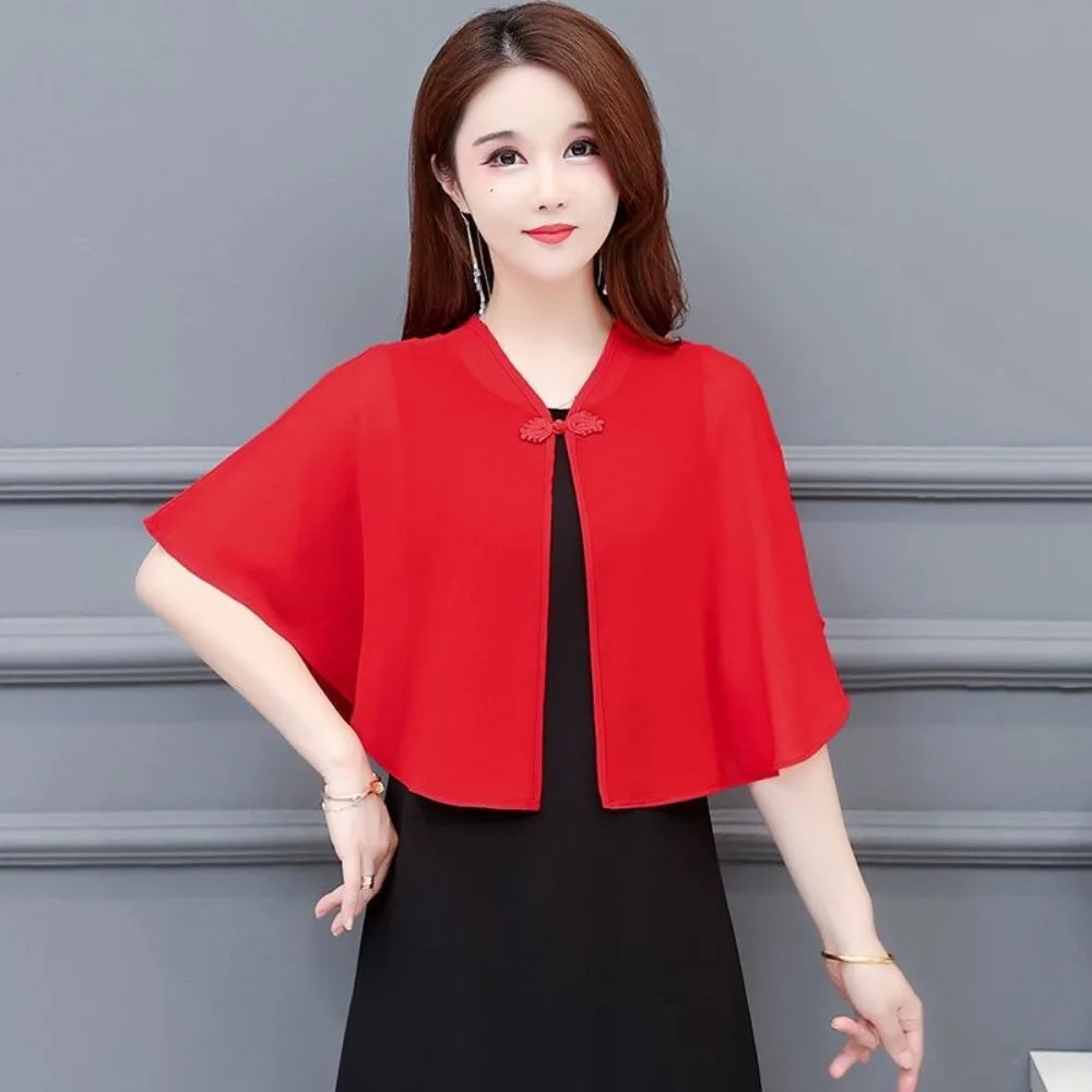 Short Clasp Front Chiffon Cape for Layering over Outfits