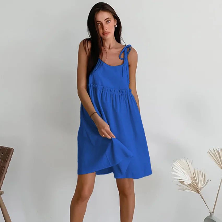 Women's Cotton-Linen Sleeveless Mini Dress with Tie Straps for Casual Summer Outfits
