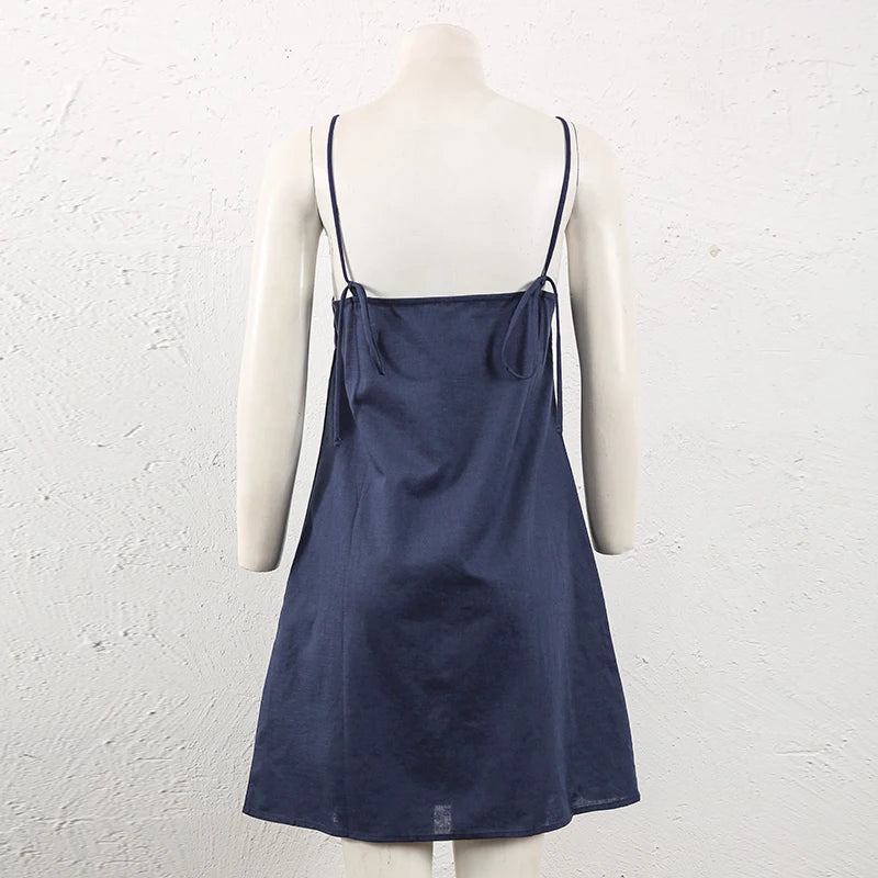 Women's Cotton-Linen Sleeveless A-Line Mini Dress with Straps and Back Tie Detail