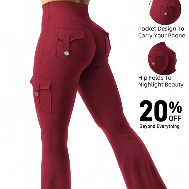 Women's High Waist Polyester Flared Pants with Cargo Style Thigh Pockets
