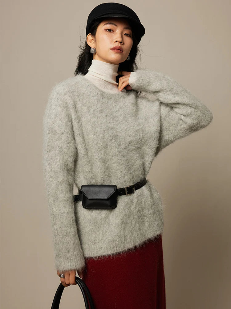 Women's Fluffy Crew Neck Long Sleeve Sweater Casual Knit Layer