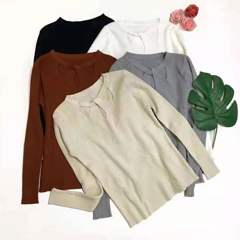 Women's Bow Keyhole Long Sleeve Sweater Casual Knit Layer