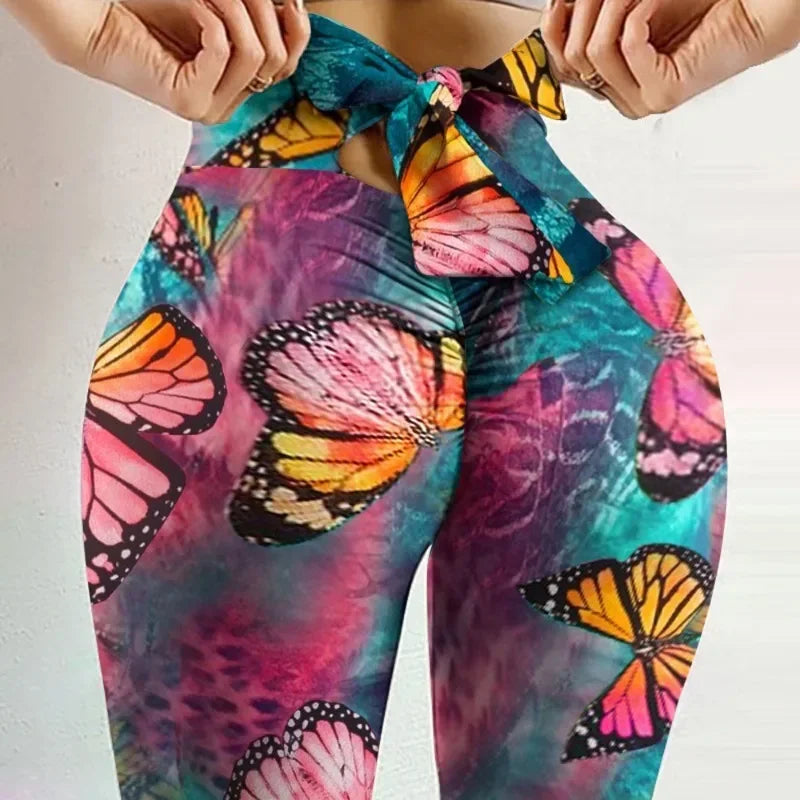 Women's High-Waist Printed Stretch Leggings with Tie Waist