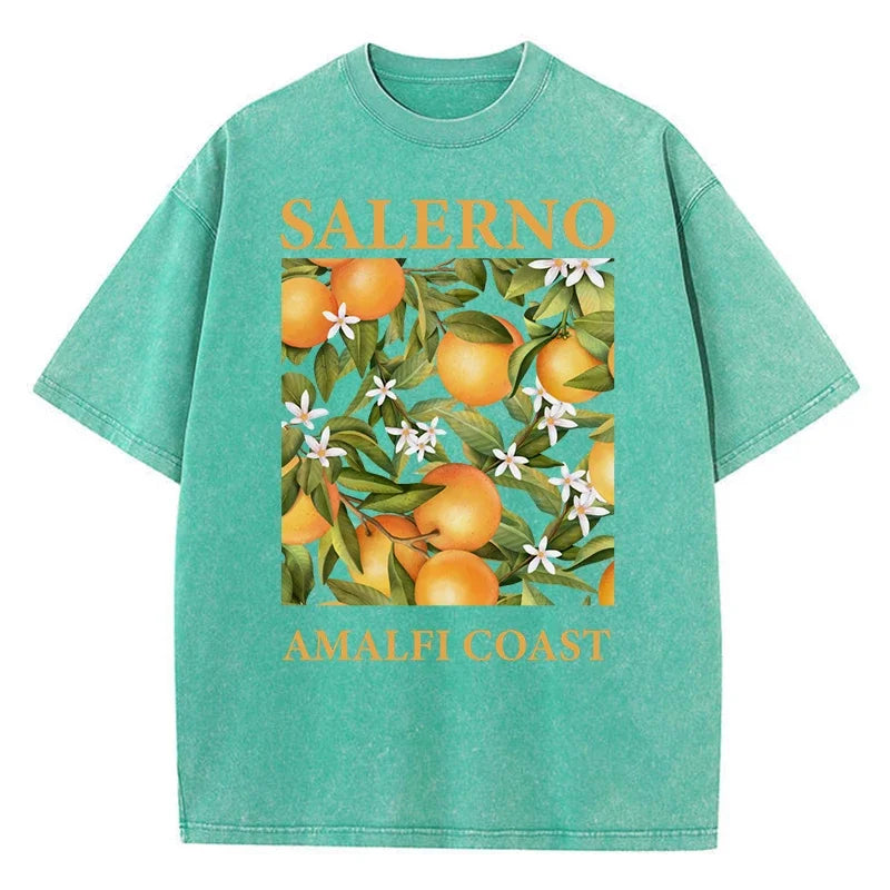 Fresh Orange Design Men's Washed Short Sleeve T-shirt Summer Casual Hip Hop Top Loose Cotton Short Sleeve