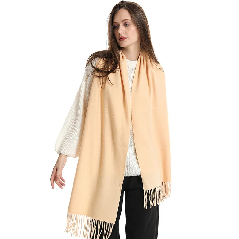 Solid Long Rectangular Scarf with Decorative Fringe Trim