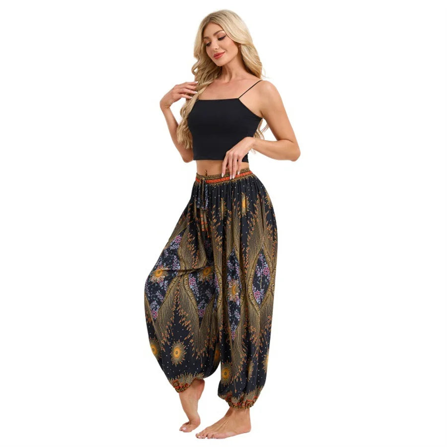 Women's Printed Rayon Harem Pants with Elastic Waist and Loose Gathered Legs
