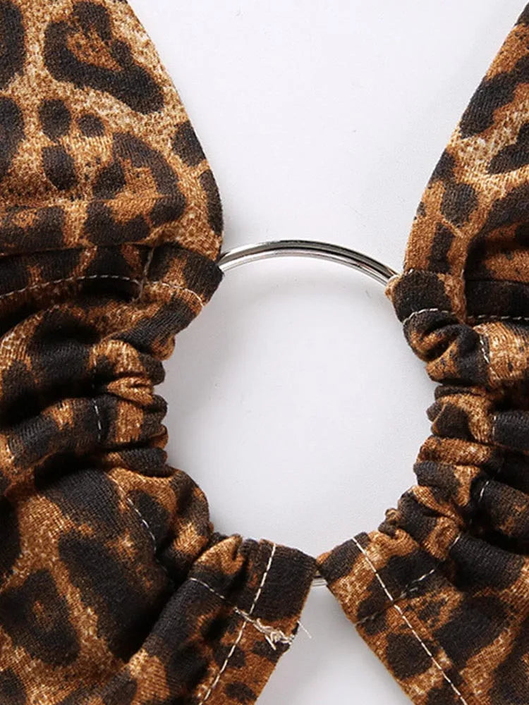 Women's Leopard Print Crop Top with Halter Ties and Metal Ring Detail