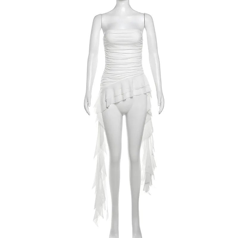 Women's Strapless Polyester Blend Ruched Top with Long Asymmetric Tassel Hem
