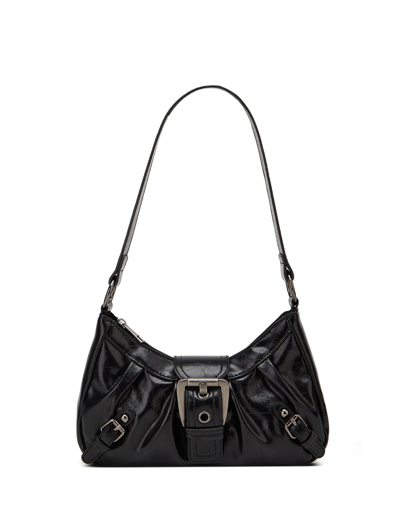 Retro Pleated Shoulder Handbag with Decorative Rivet Details