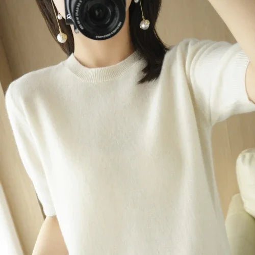Women's Crew Neck Short Sleeve Sweater Casual Knit Layer