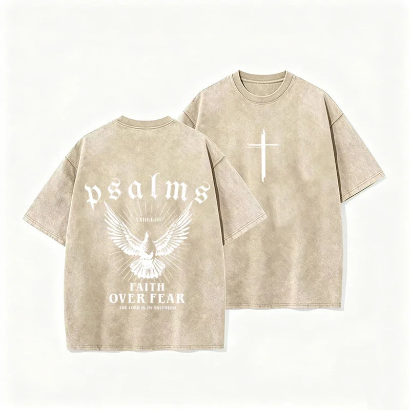 Retro Faith Over Fear T Shirt Psalms Dove Print Casual Washed Religious Streetwear