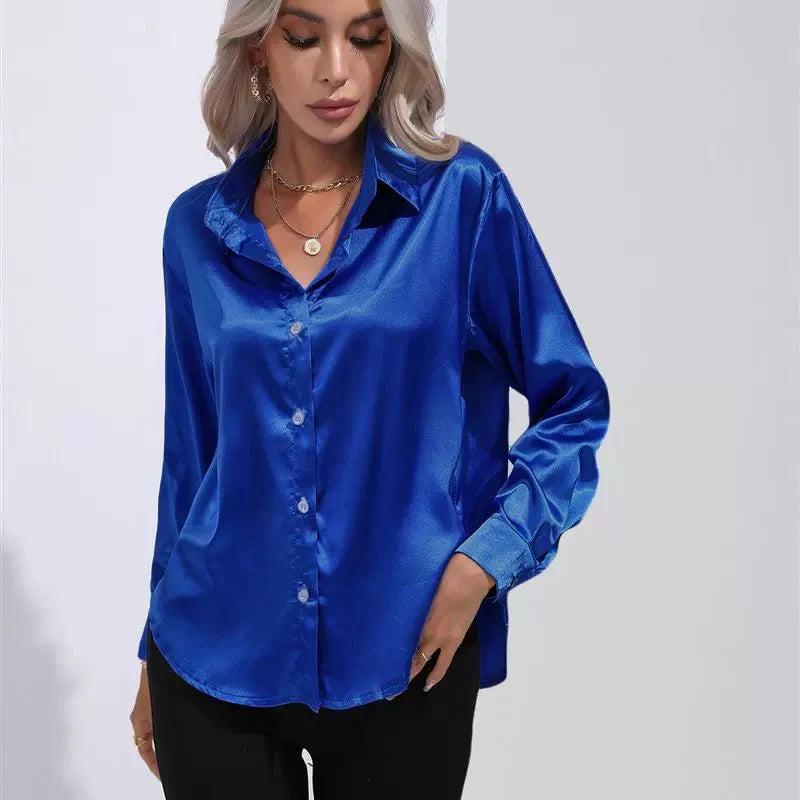 Women's Button Front Satin Look Shirt
