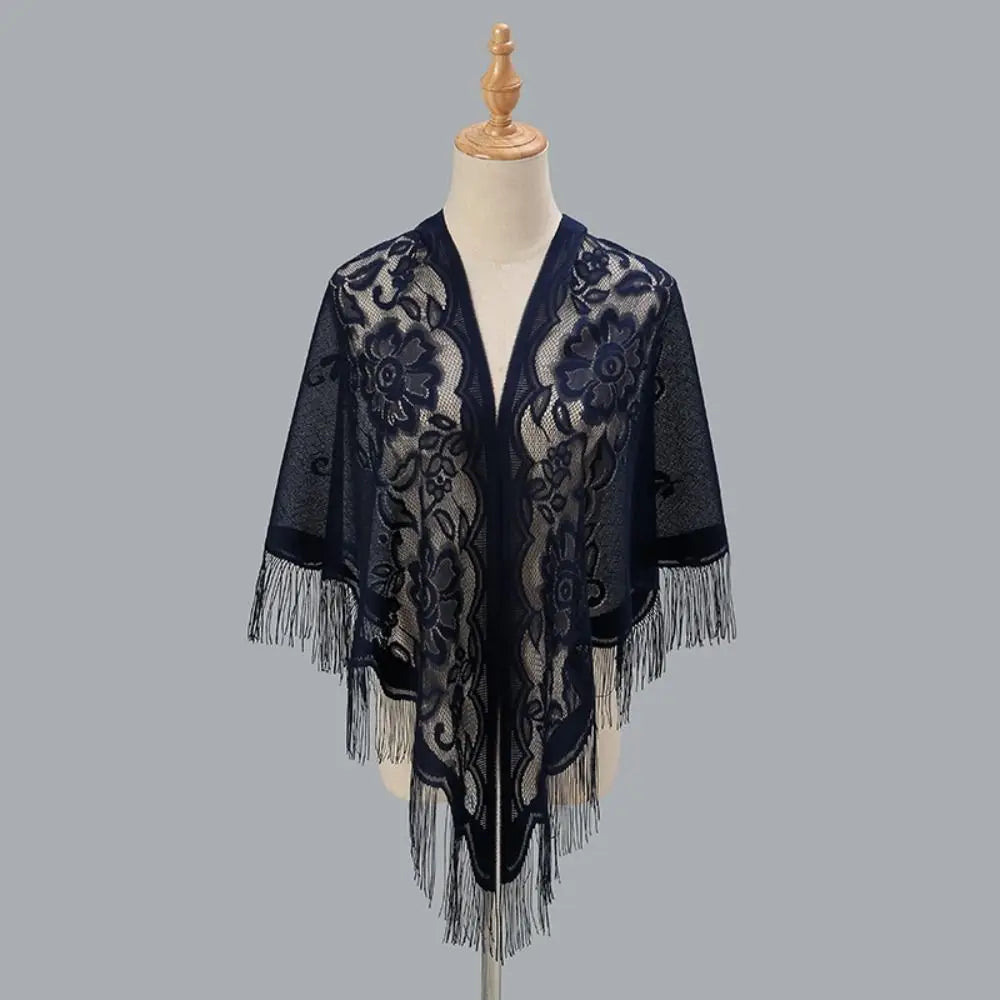 Floral Lace Fringed Wrap Scarf for Layering over Outfits