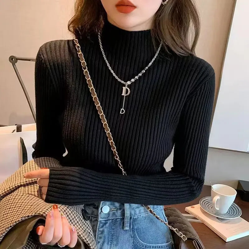 Women's Ribbed Mock Neck Flare Cuff Sweater Casual Knit Layer