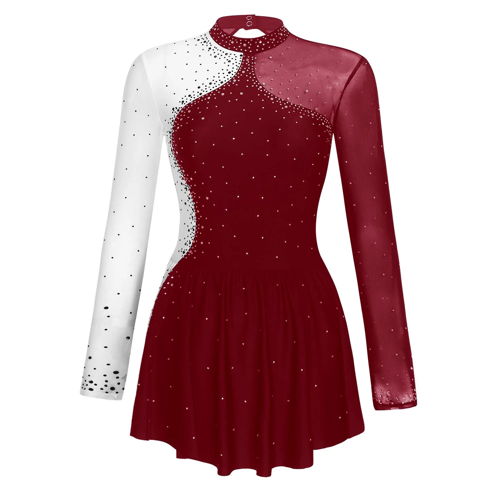 Women's Long Sleeve Rhinestone Dance Dress with Mesh and Open Back