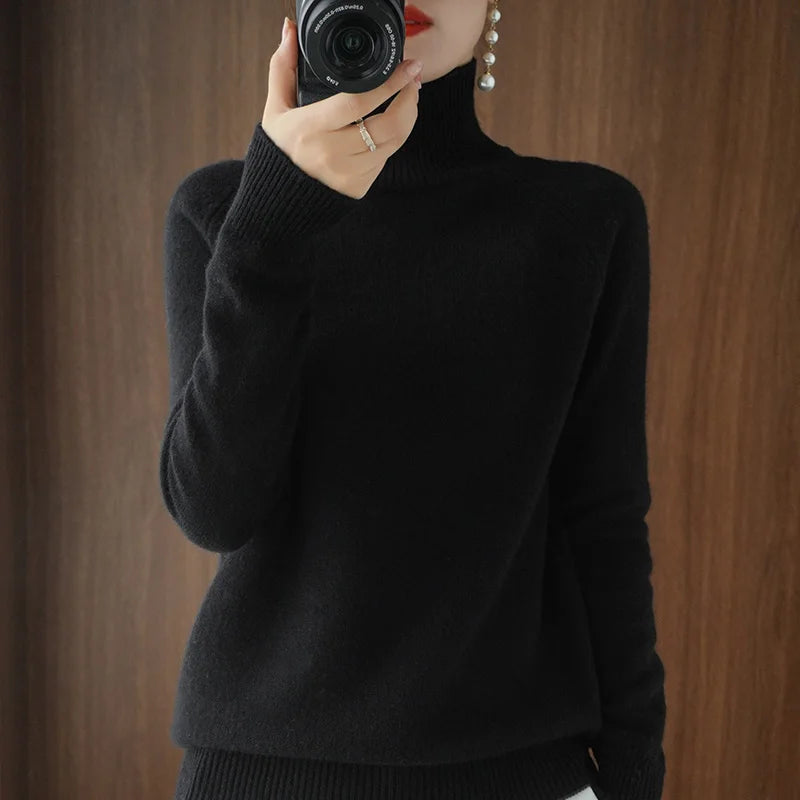 Women's Plain Ribbed Roll Neck Sweater Casual Knit Layer