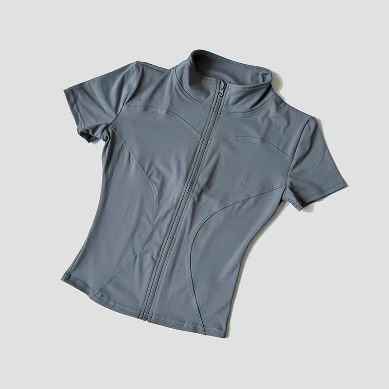 Women’s Slim Fit Short Sleeve Yoga Top with Stand Collar Zip Front