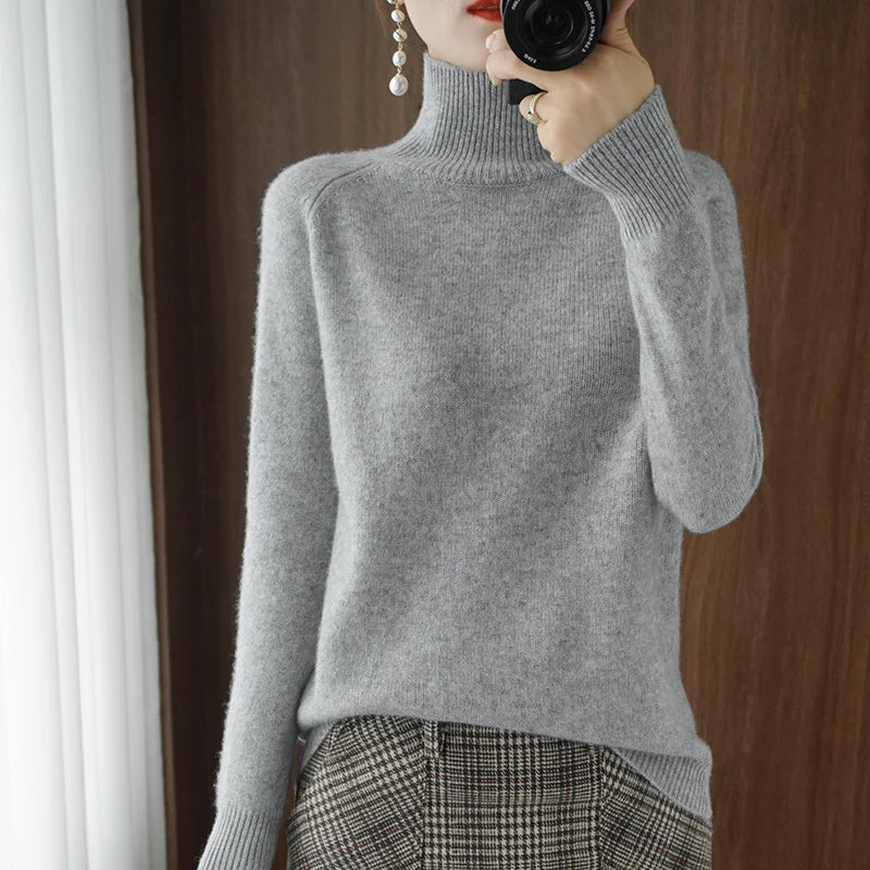 Women's Plain Ribbed Roll Neck Sweater Casual Knit Layer