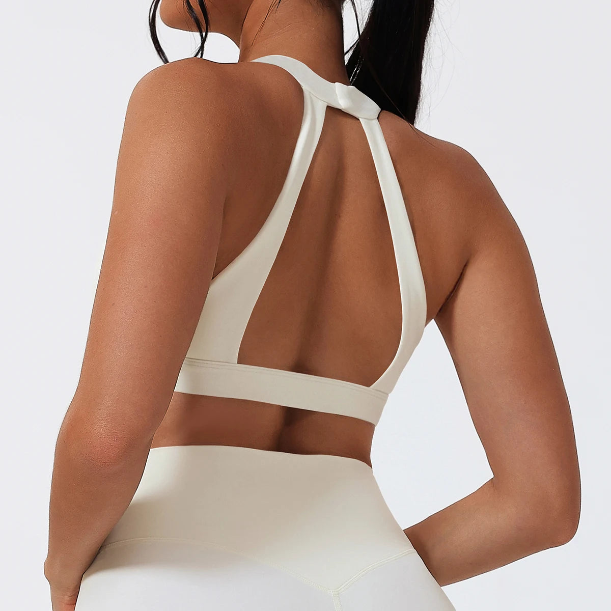 Women's V Neck Halter Sports Bra with Open Back