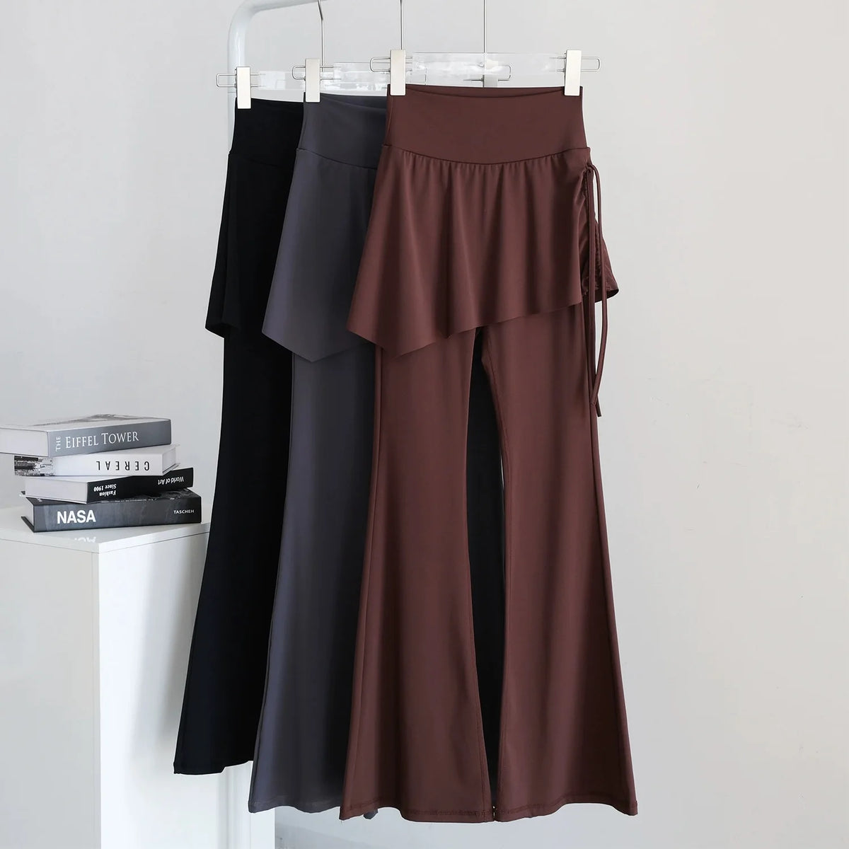 Women's Skirt Overlay Nylon Blend Flared Workout Pants with Side Tie Detail