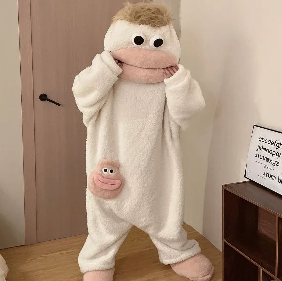 Cartoon Hooded Zip Front Long Sleeve Plush Pajama Jumpsuit
