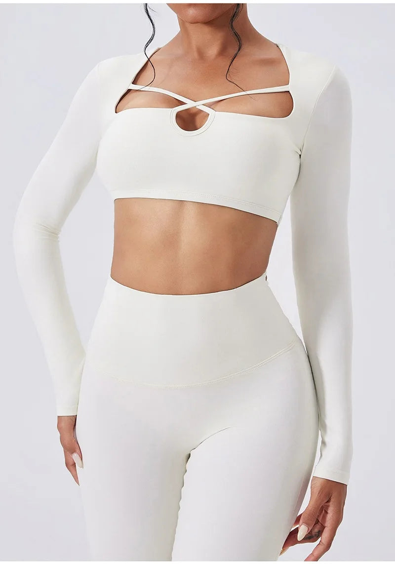 Women's Long-Sleeve Crop Top and Flared Pants Workout Set