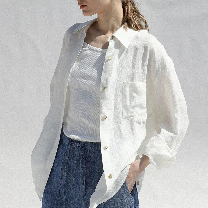 Women's Linen Long-Sleeve Loose Collared Button-Up Shirt for Casual Summer Everyday Outfits