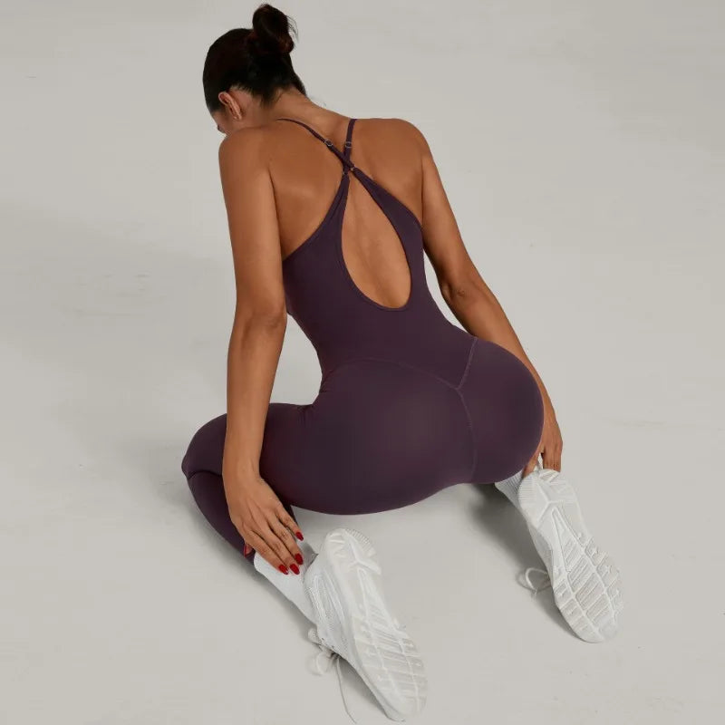 Women's Cross Back Workout Jumpsuit with Thin Straps and Fitted Long Legs