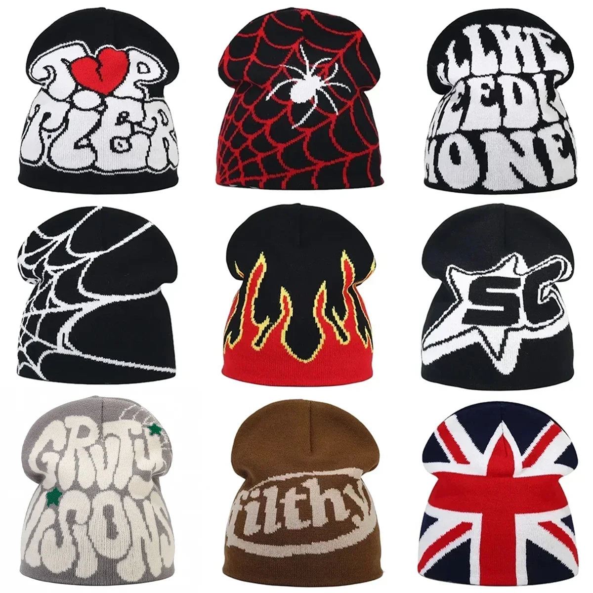 Graphic Knit Beanie with Letter and Pattern Style Options