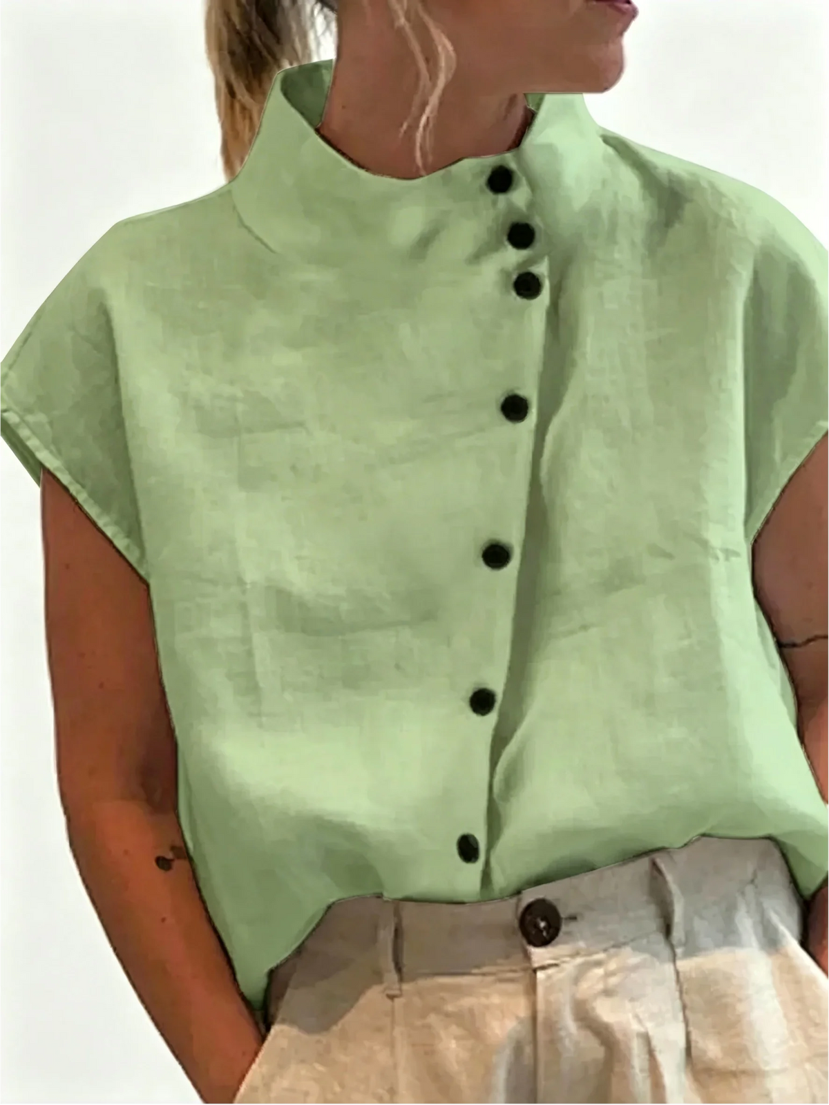 Women's Stand Collar Short Sleeve Button Front Shirt